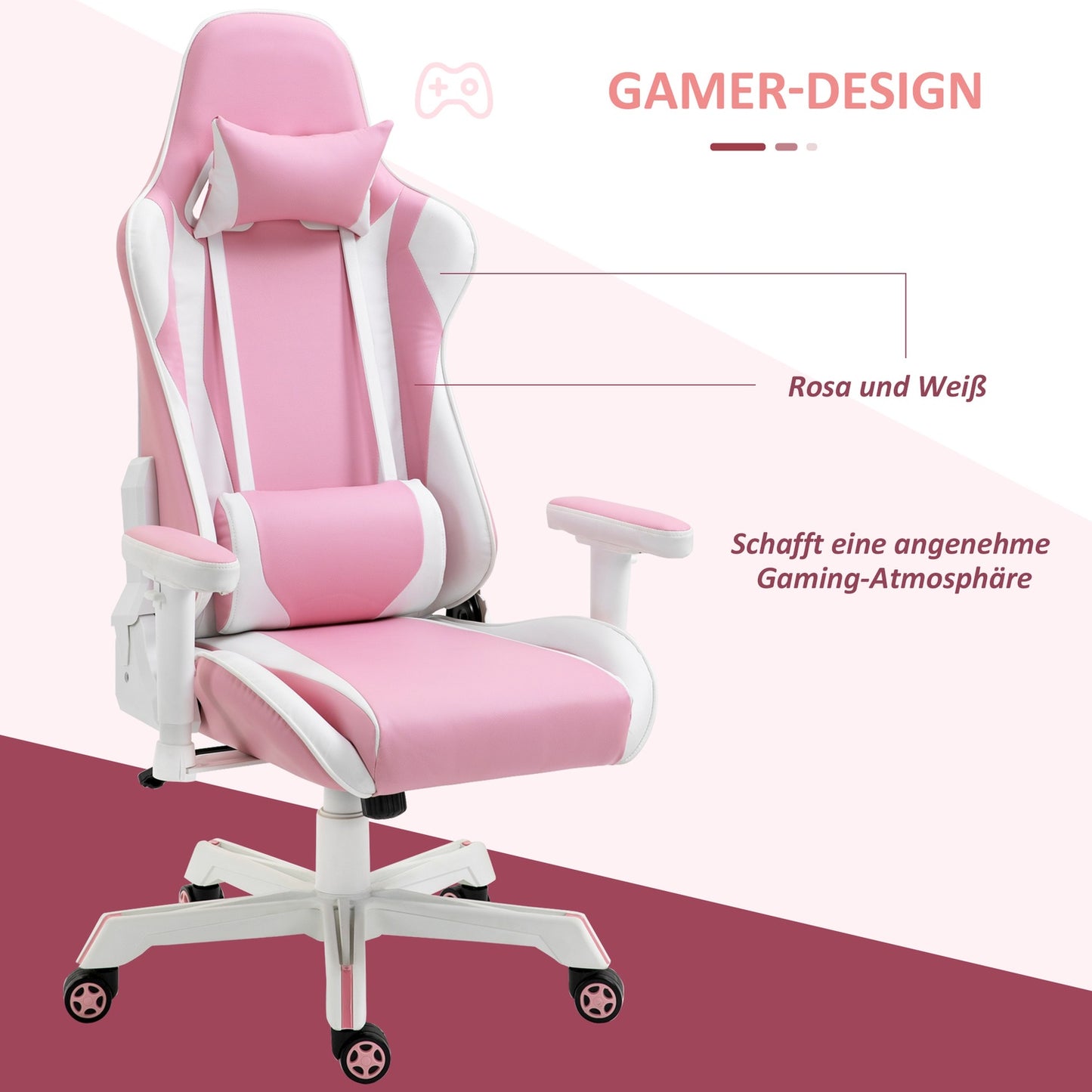 Pink & white gaming chair, adjustable, lumbar support, artificial leather