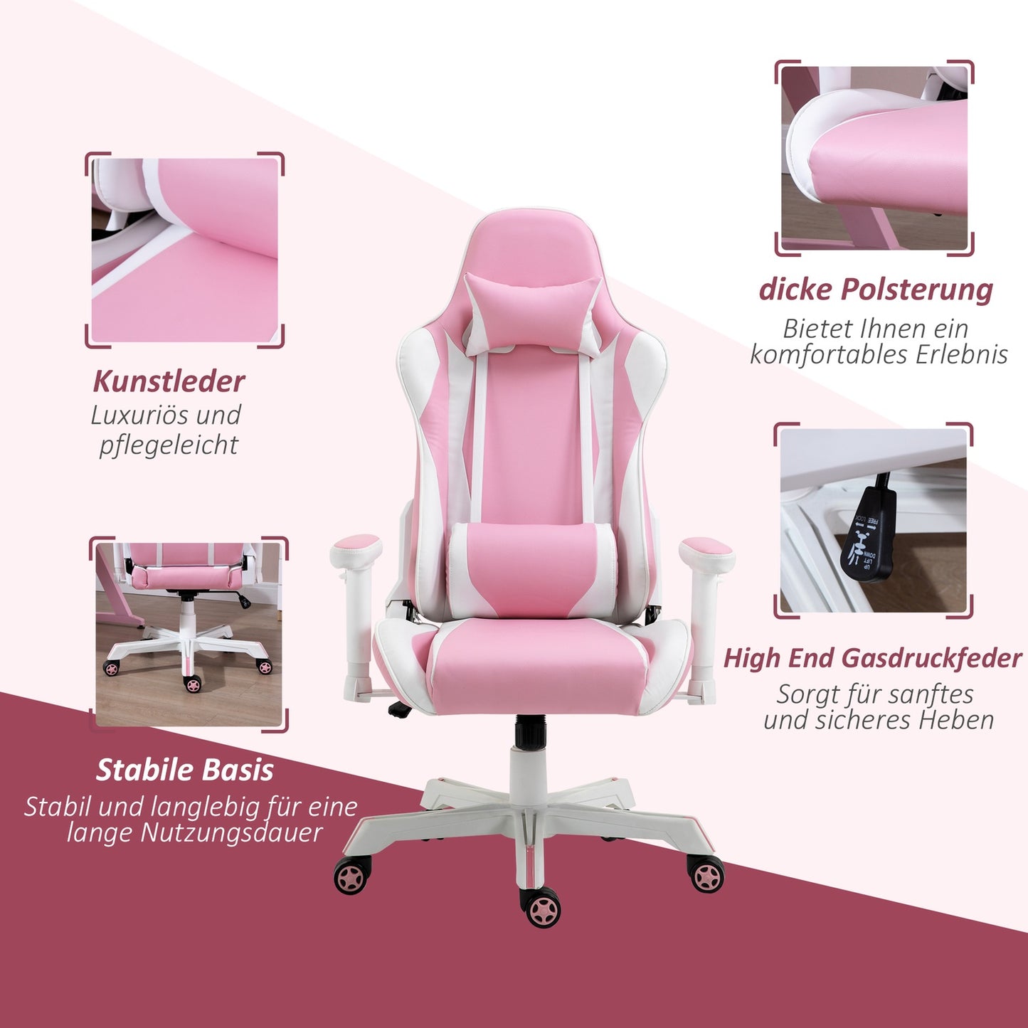 Pink & white gaming chair, adjustable, lumbar support, artificial leather