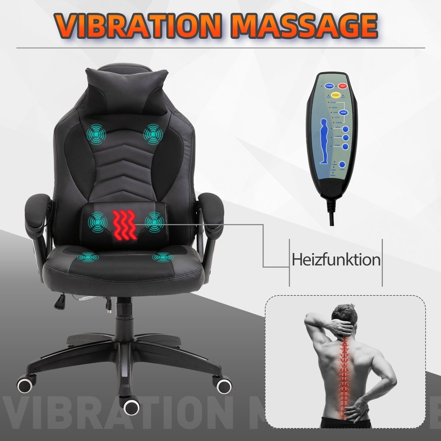 Ergonomic massage chair in black artificial leather with heat and vibration