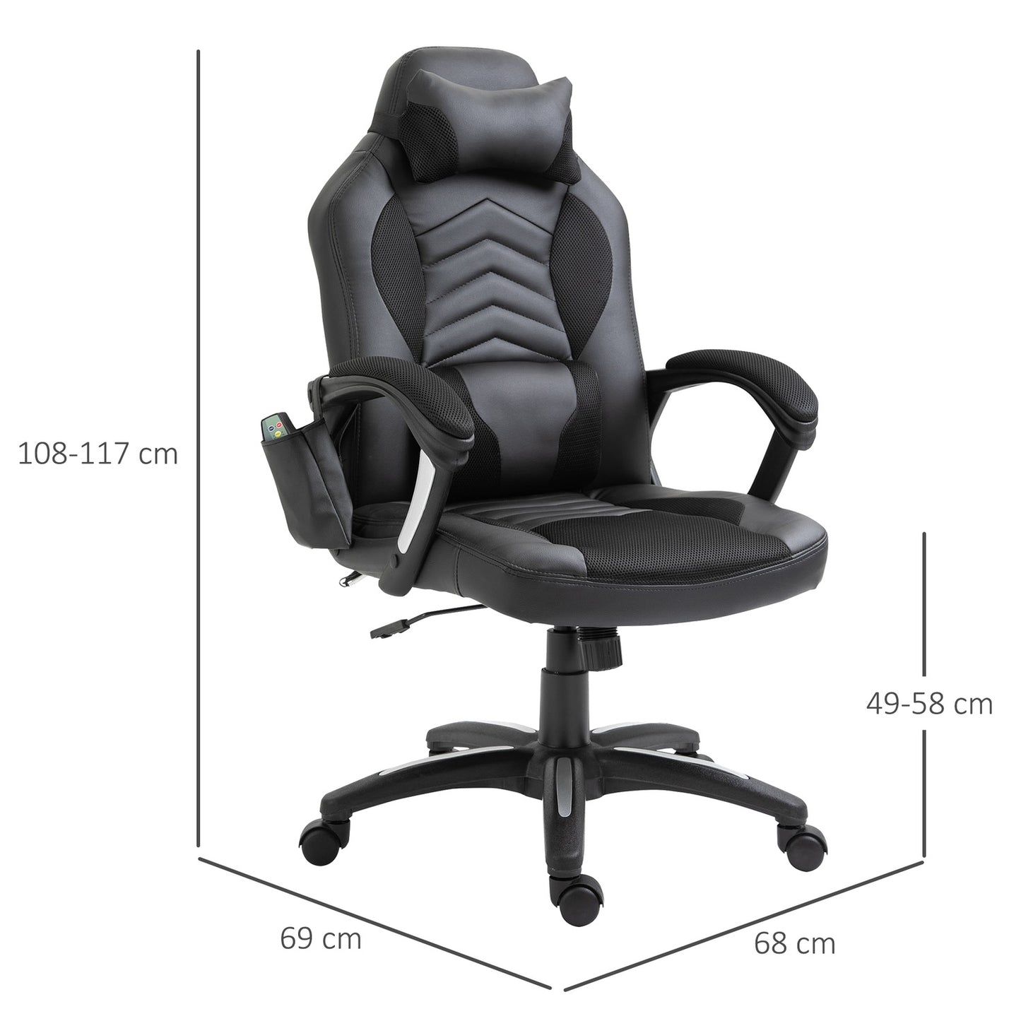 Ergonomic massage chair in black artificial leather with heat and vibration