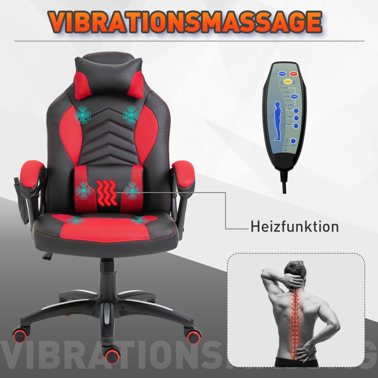 Gaming chair with heat and massage, red PU, adjustable