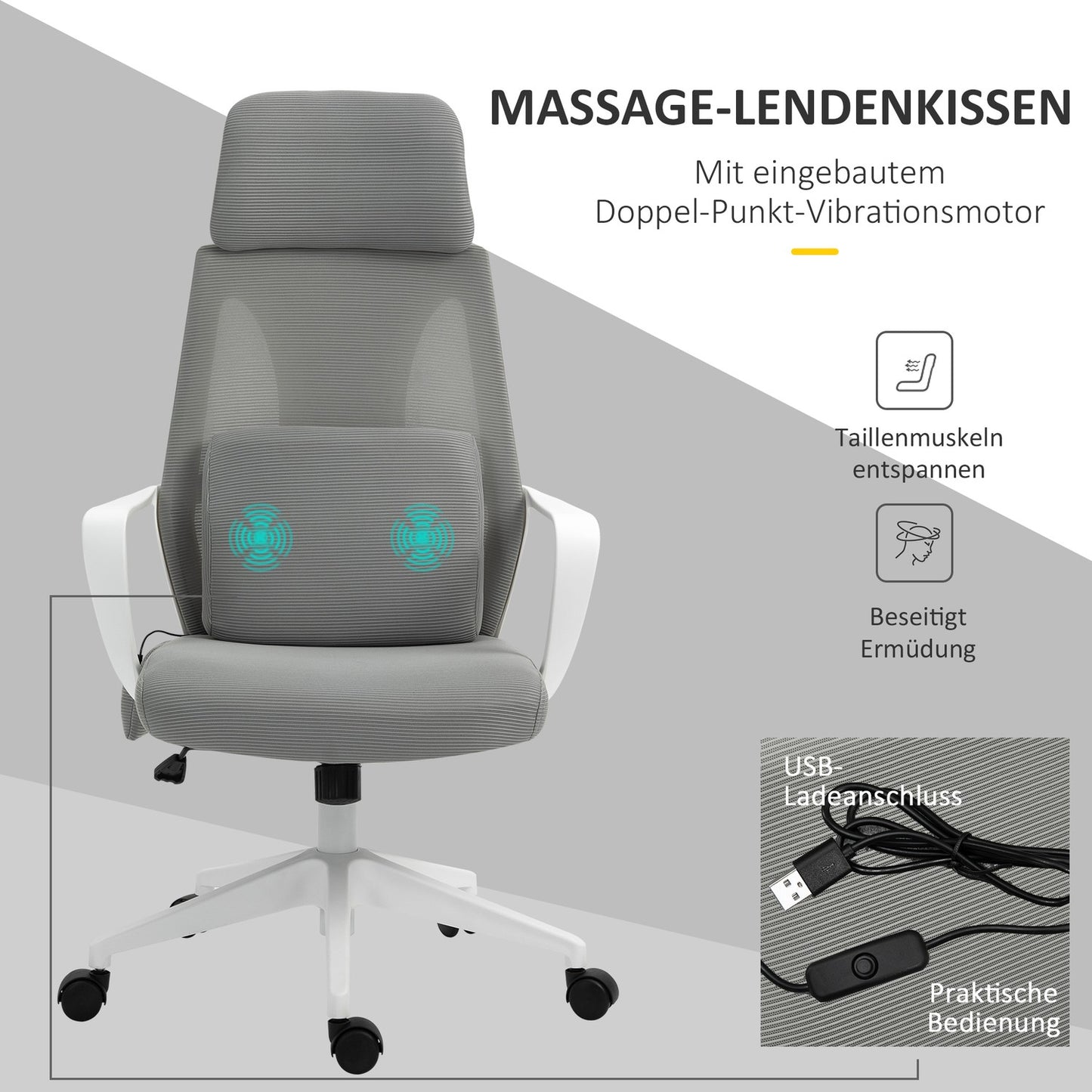 Ergonomic gaming chair with massage, swivel, gray nylon