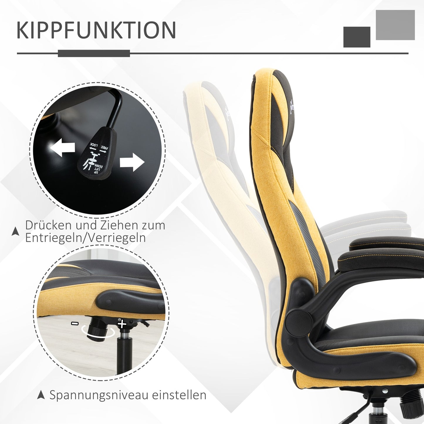 Game chair, Rocker Function, Adjustable height, Yellow/Black