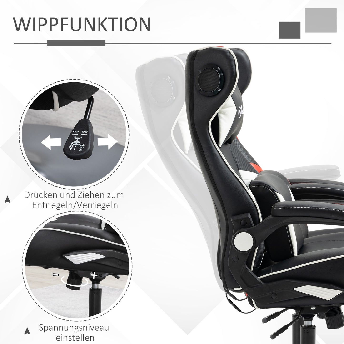 Ergonomic gaming chair with speakers, adjustable height, artificial leather