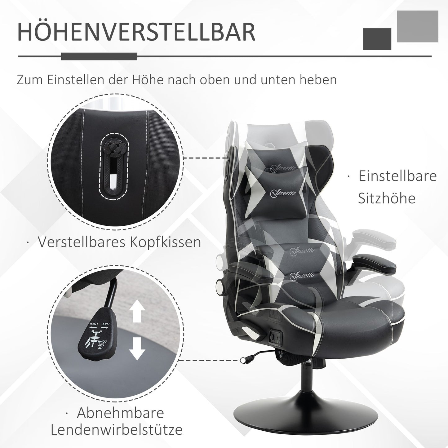 Ergonomic gaming chair with speakers, adjustable height, artificial leather