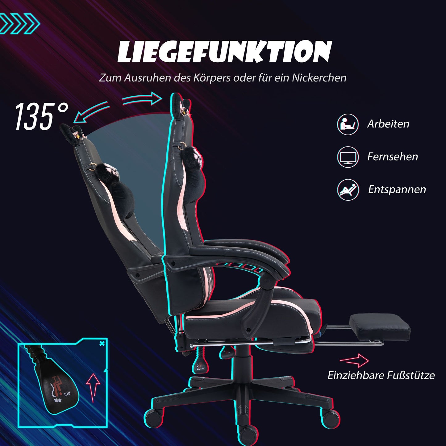 Gaming Chair with Cat Ears, Reclining, Footrest, Pink/Black