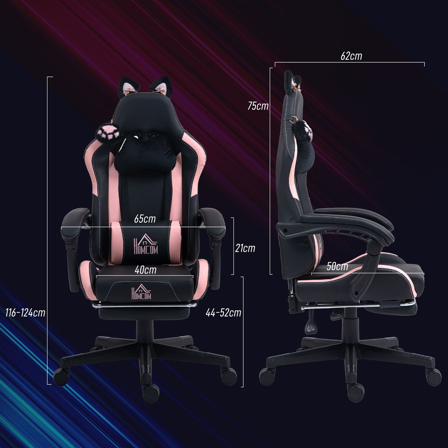 Gaming Chair with Cat Ears, Reclining, Footrest, Pink/Black