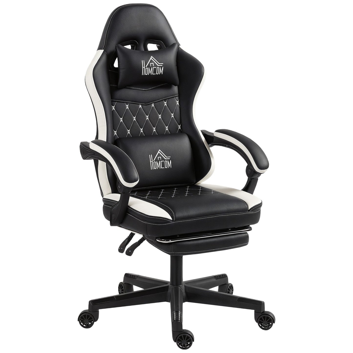 Gaming Chair with Footrest, Headrest & Cushion, Black/White