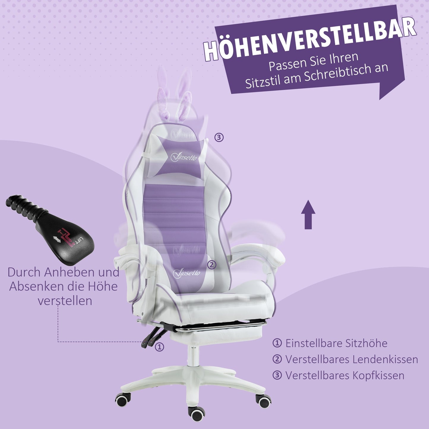 Gaming Chair with Footrest, Lumbar Support, Purple