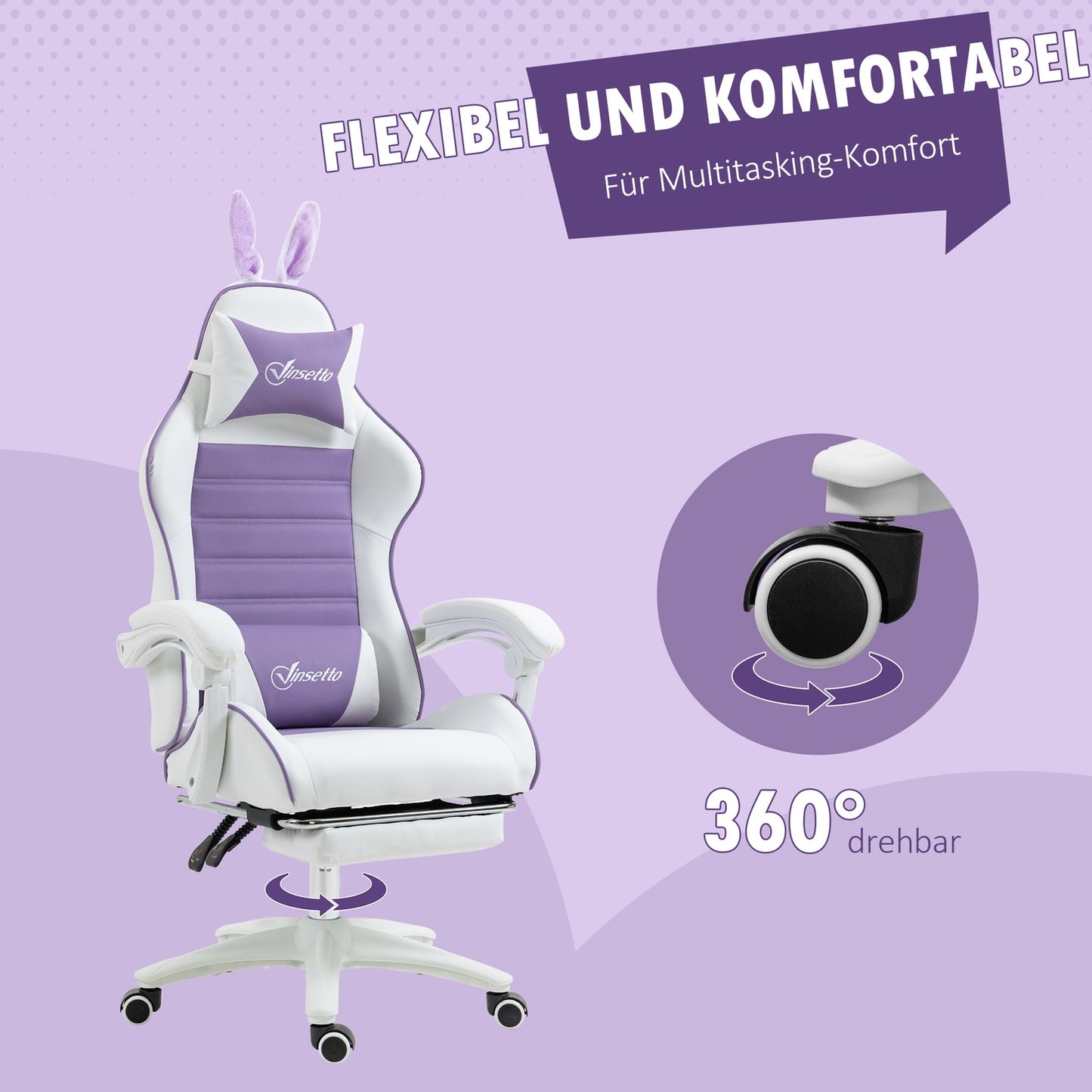Gaming Chair with Footrest, Lumbar Support, Purple