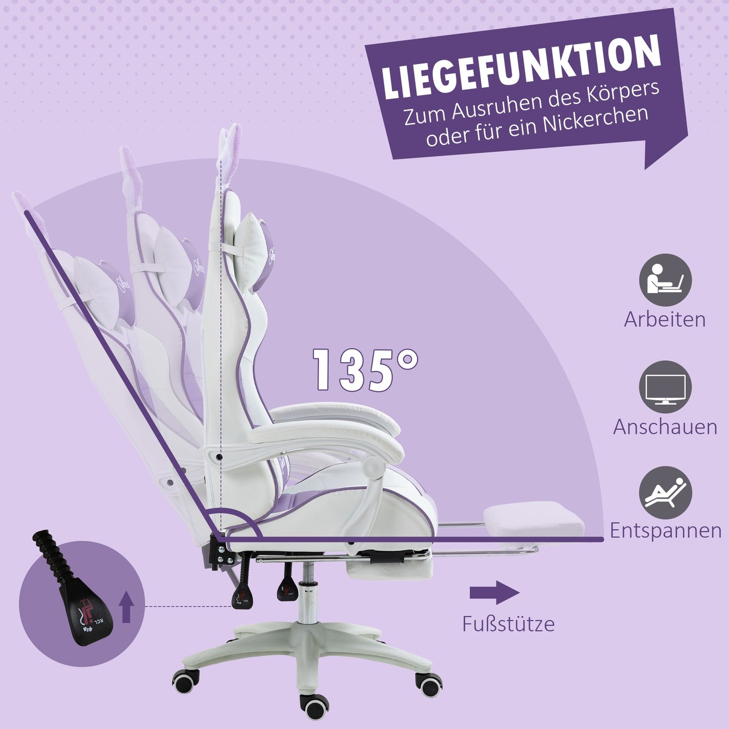 Gaming Chair with Footrest, Lumbar Support, Purple