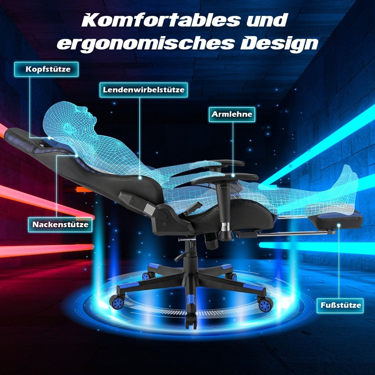 Gaming Chair with RGB LED Lights & Retractable Footrest Ergonomic Office Chair Blue