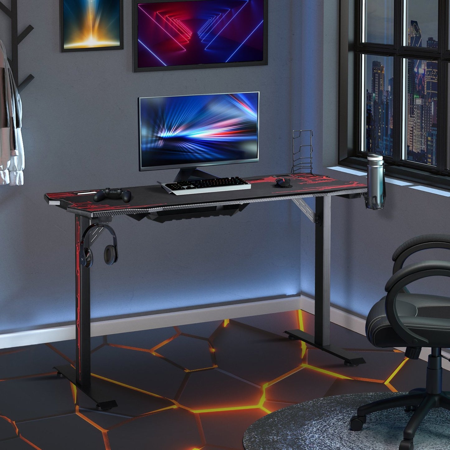 Game table with headphone hook, cup holder and mouse pad