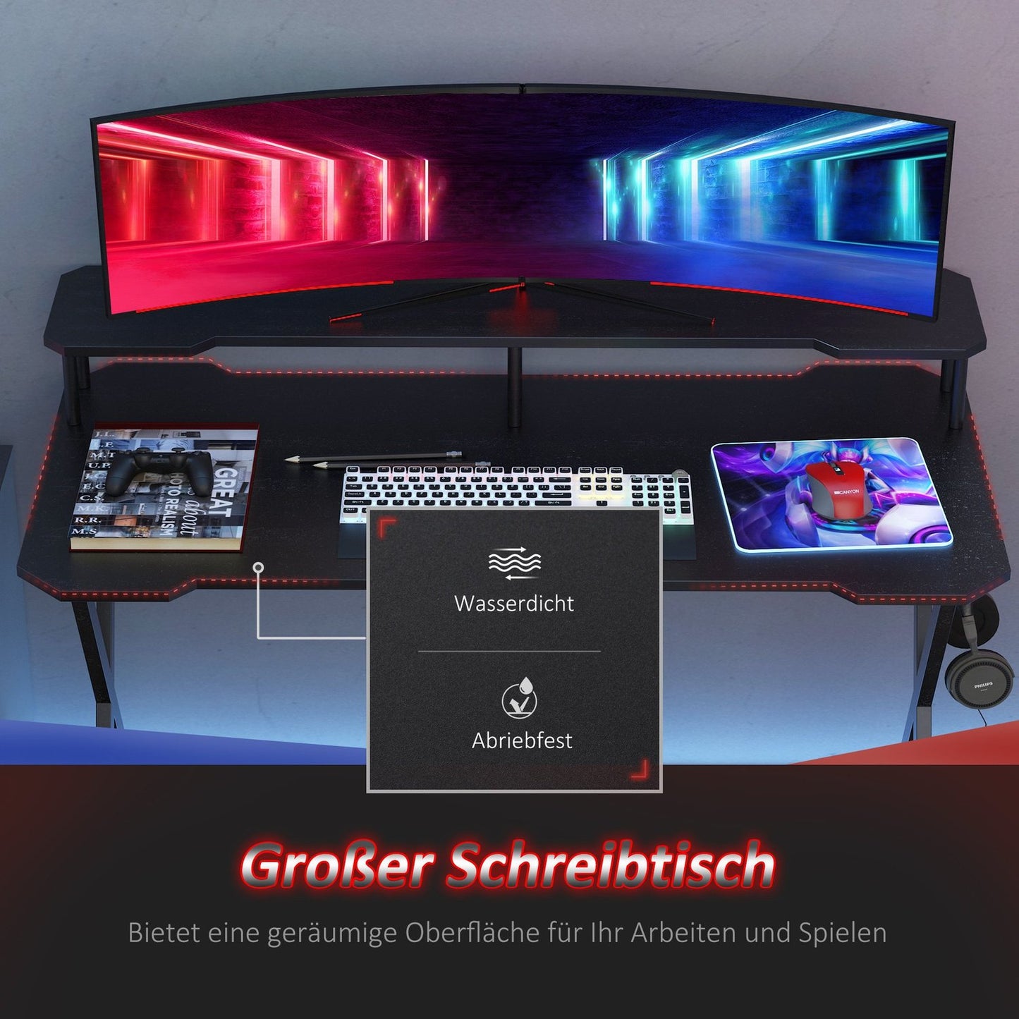 Game table with headphone hook, black steel & MDF, 120x60x90 cm