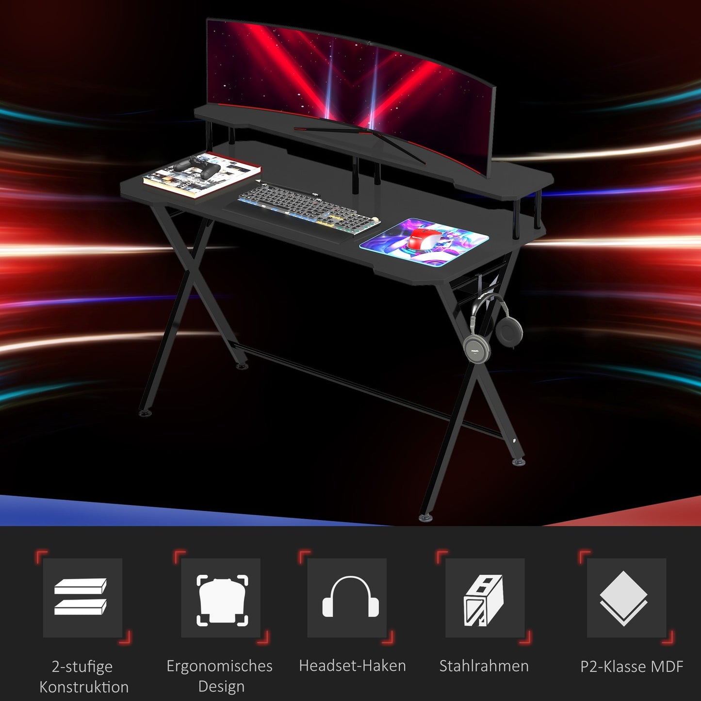 Game table with headphone hook, black steel & MDF, 120x60x90 cm
