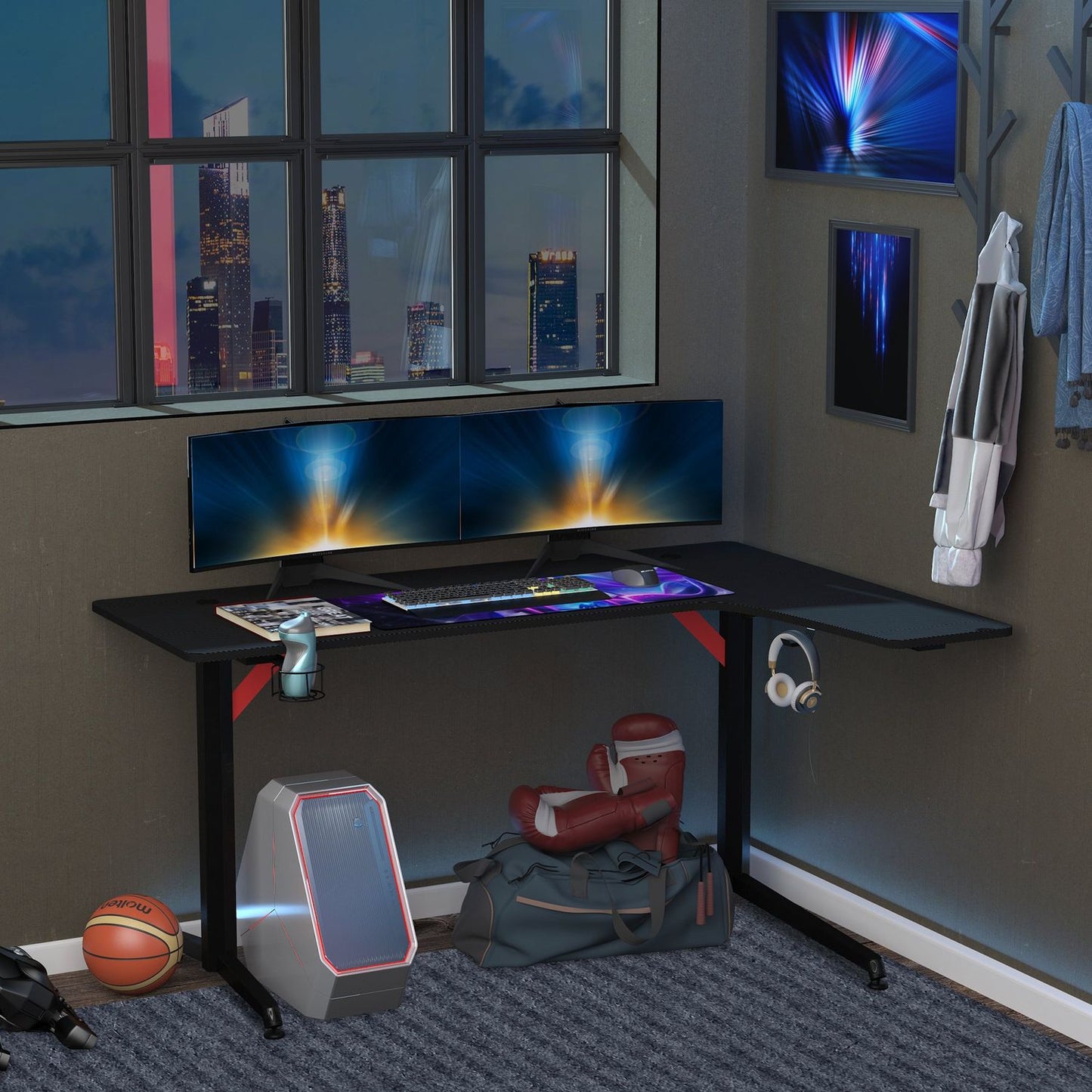 Game table with headphone hook & cup holder, black-red