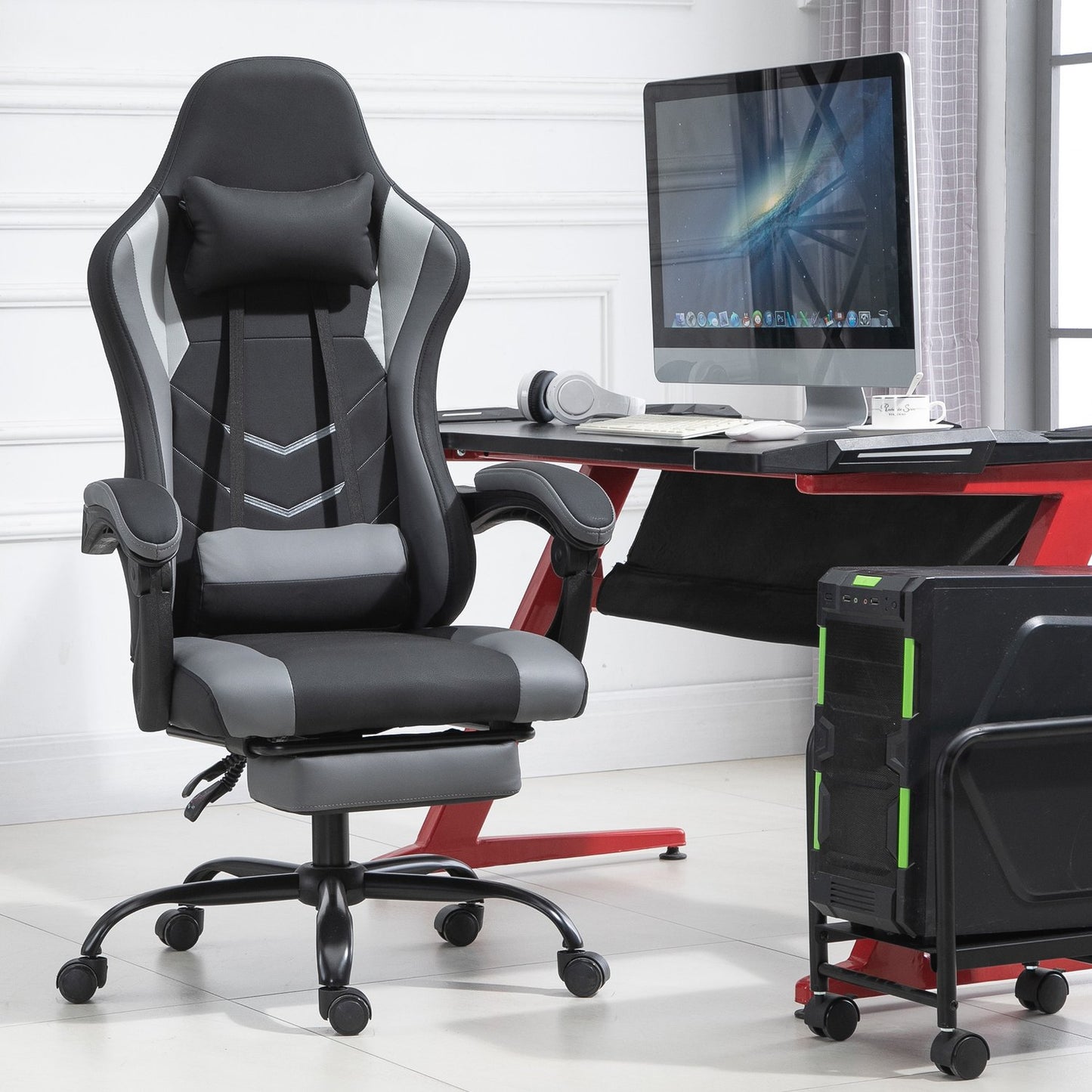 Ergonomic gaming chair, adjustable headrest & lumbar support