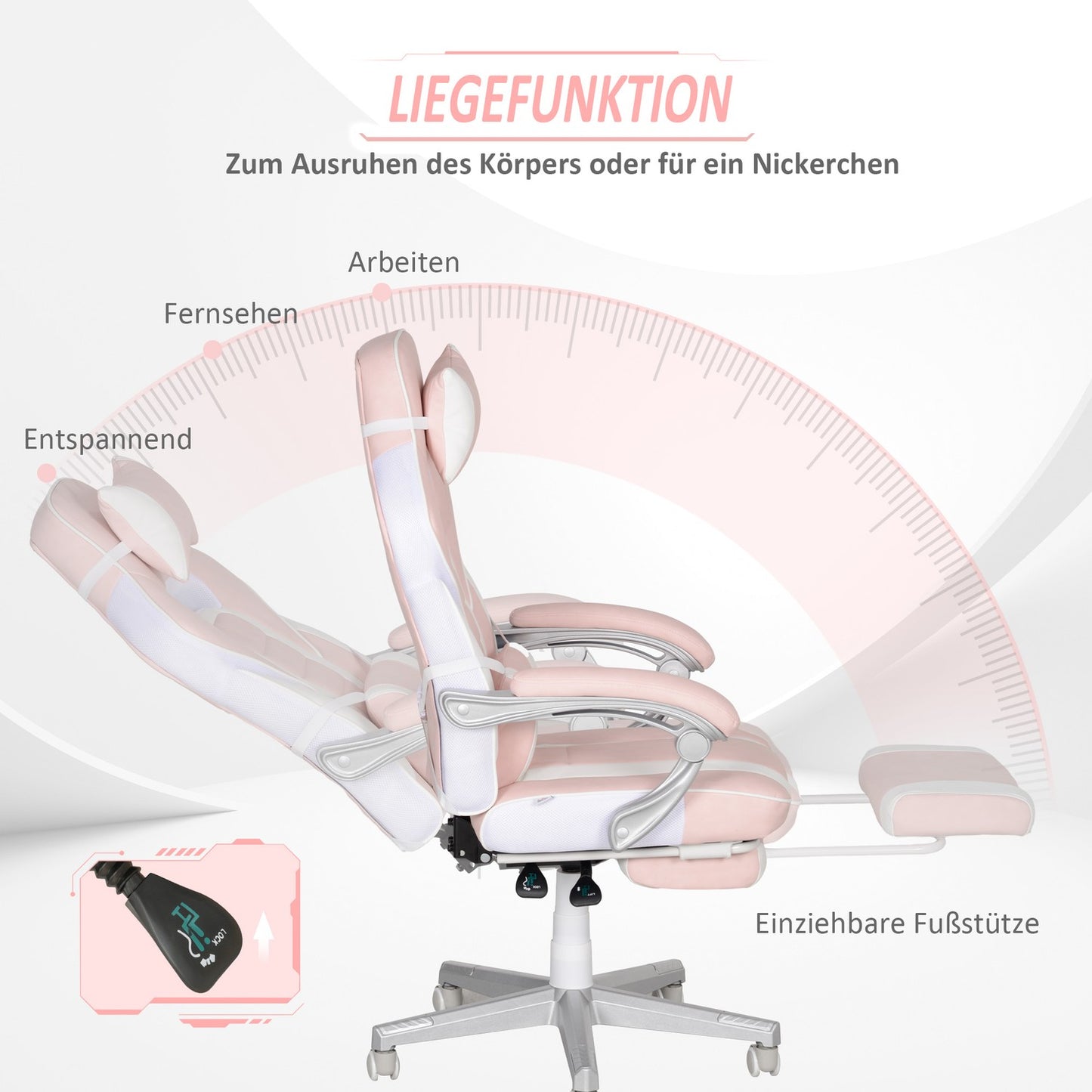 Pink gaming chair with footrest and adjustable cushions