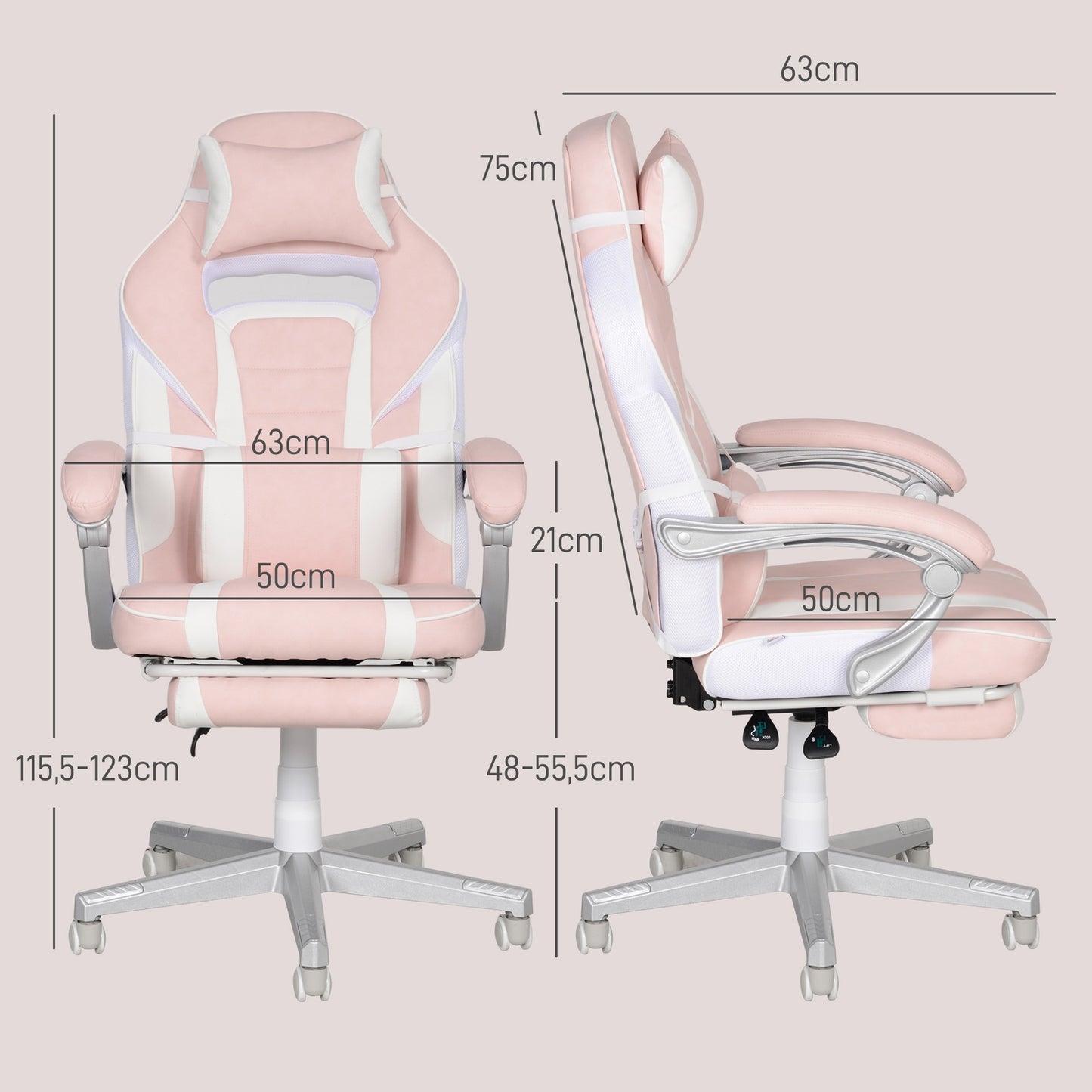 Pink gaming chair with footrest and adjustable cushions