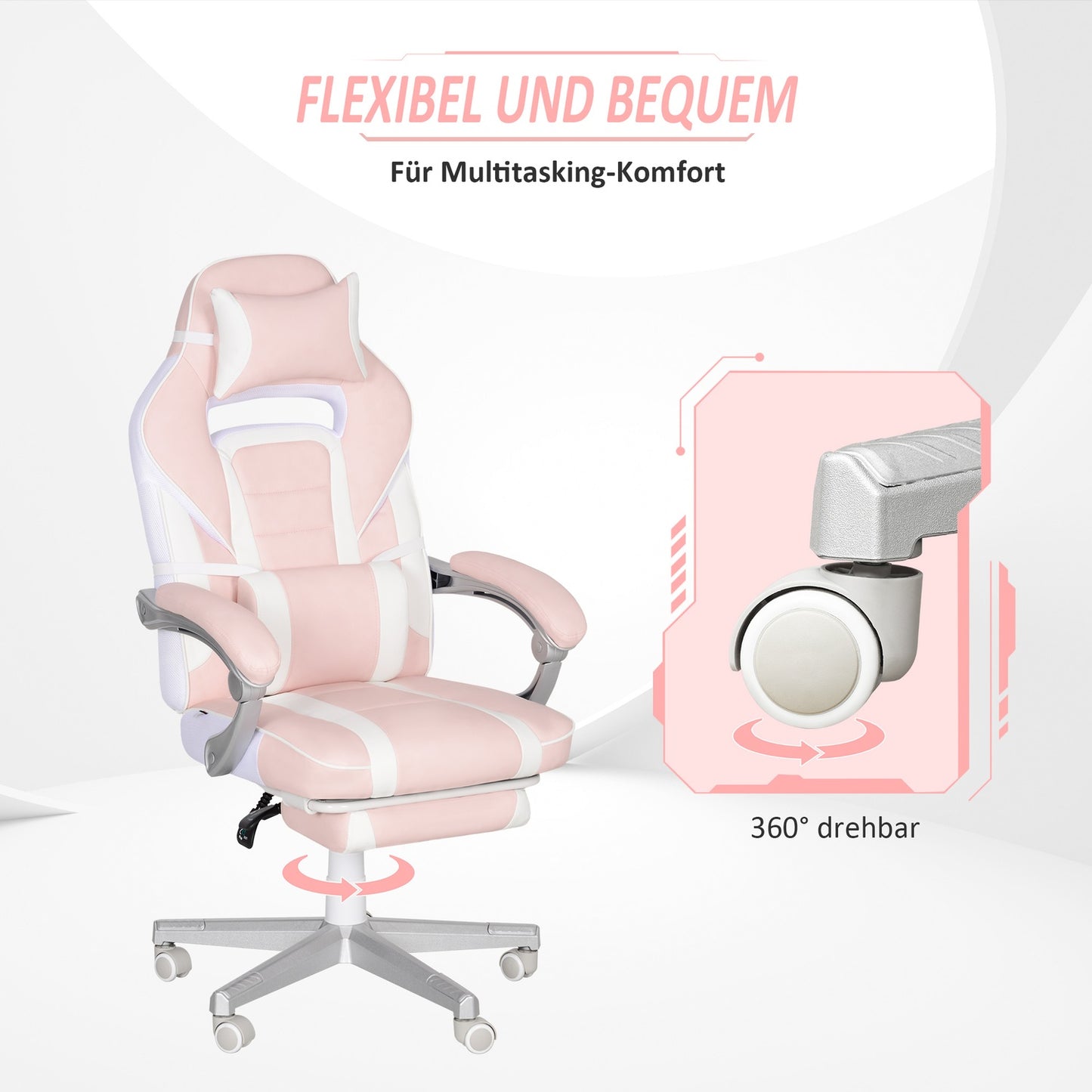 Pink gaming chair with footrest and adjustable cushions