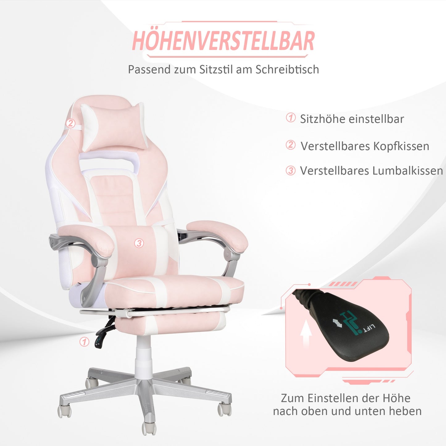 Pink gaming chair with footrest and adjustable cushions