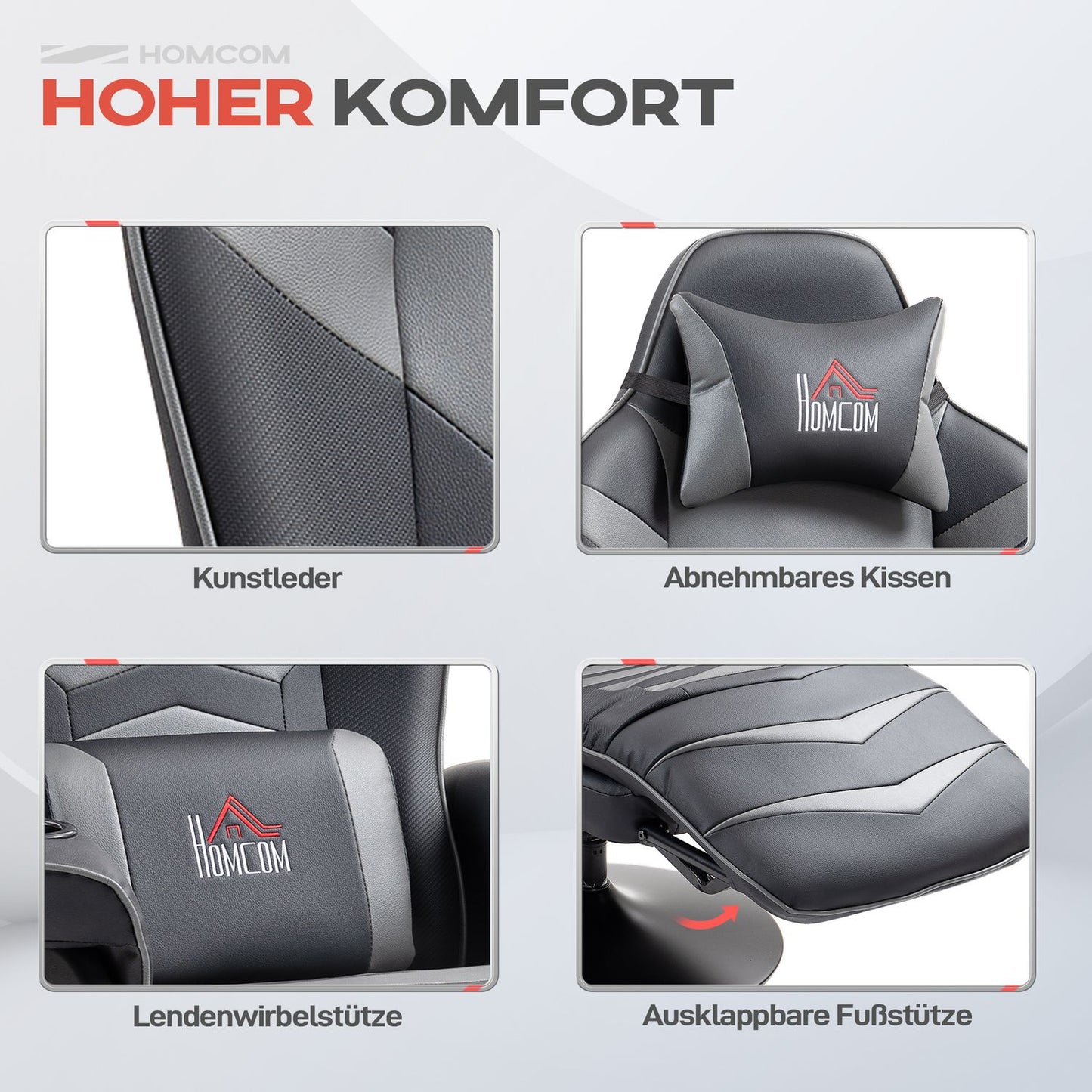 Gaming chair with footrest & massage, gray leather