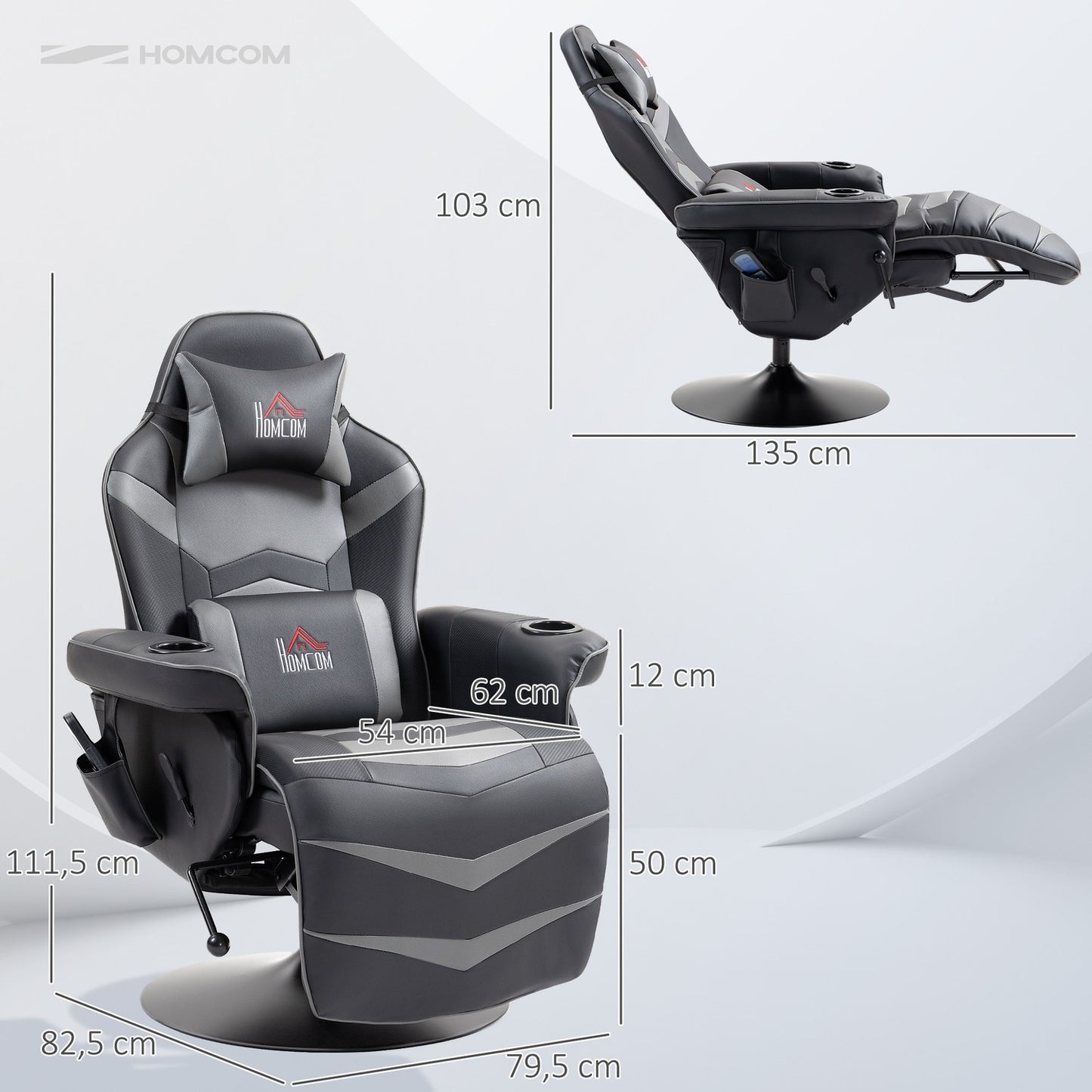 Gaming chair with footrest & massage, gray leather