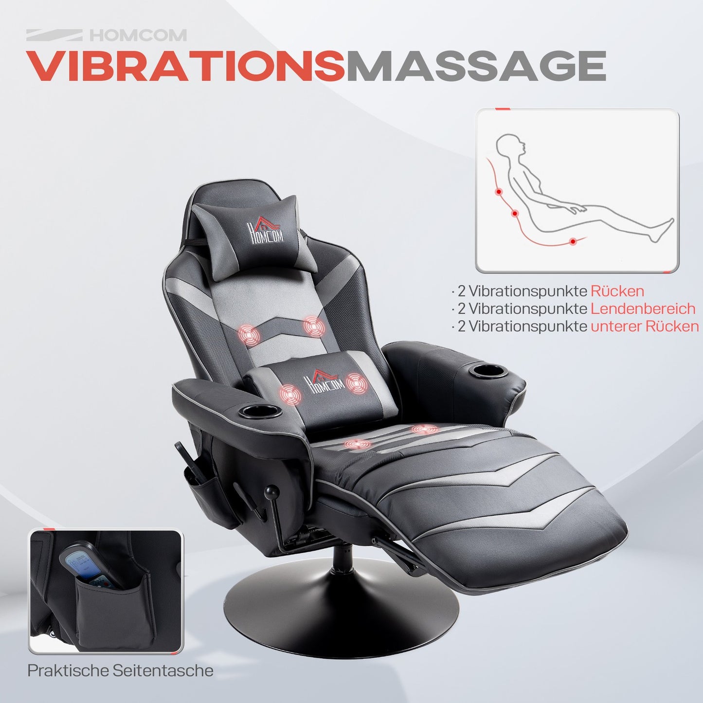 Gaming chair with footrest & massage, gray leather
