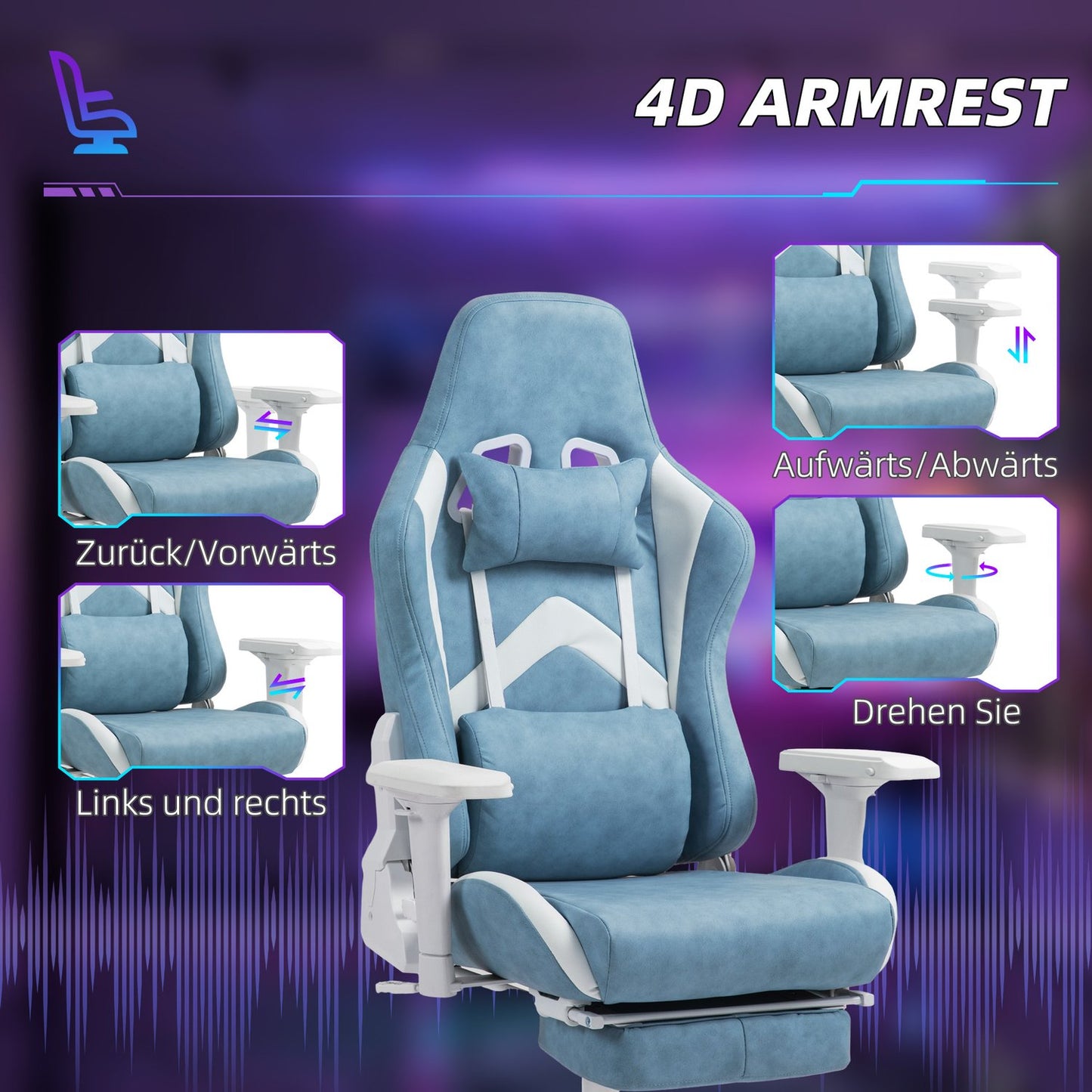 Blue Ergonomic gaming chair, reclining with footrest and cushions