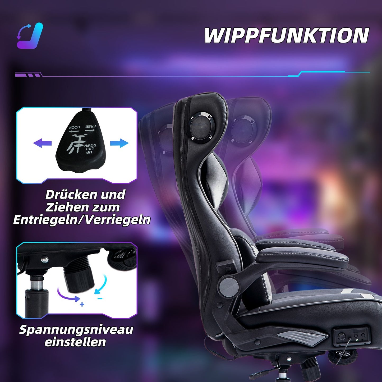 Ergonomic gaming chair with rocker, speaker, 120 kg capacity