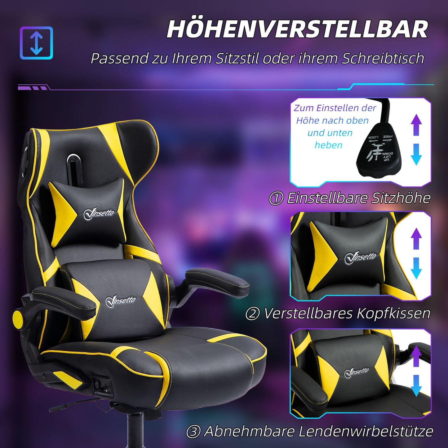 Ergonomic gaming chair with speaker, adjustable, black/yellow