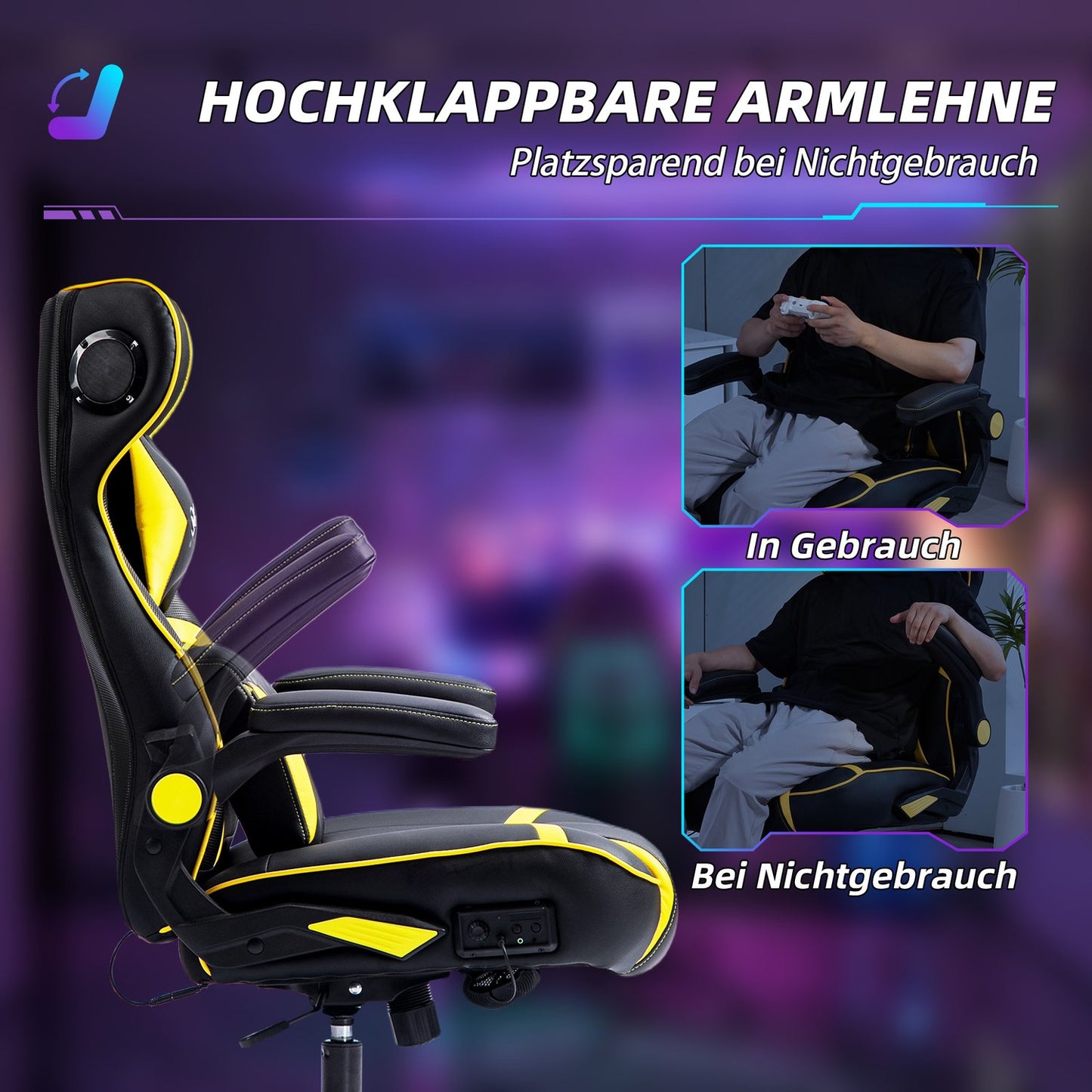 Ergonomic gaming chair with speaker, adjustable, black/yellow
