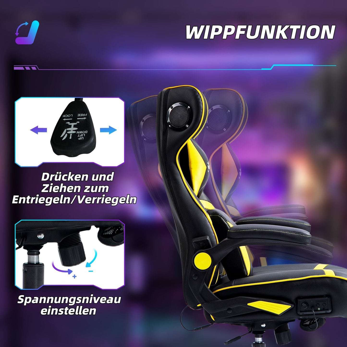 Ergonomic gaming chair with speaker, adjustable, black/yellow