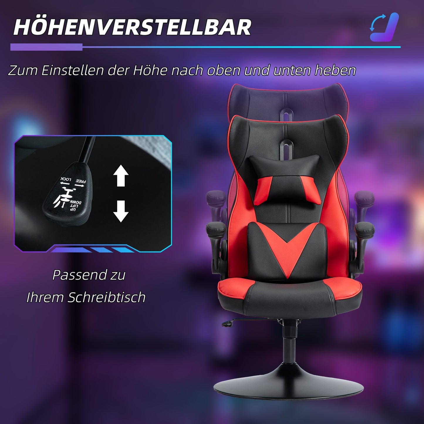 Ergonomic gaming chair with rocker, height adjustable, black/red