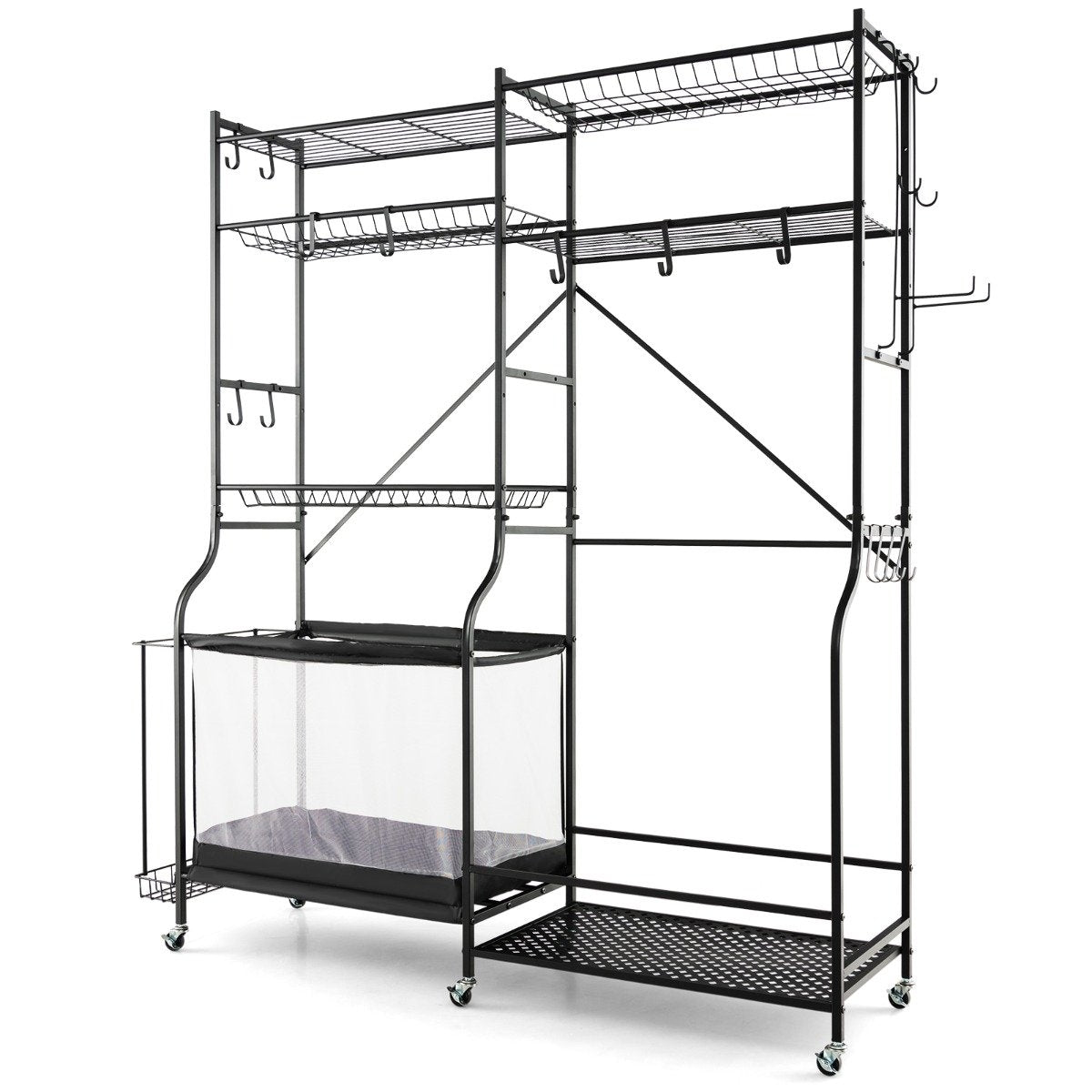 Garage Organizer for Sports Equipment with 5 Adjustable Shelves & Ball Basket & Side Hooks Black