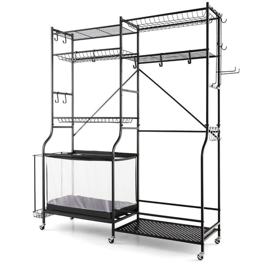 Garage Organizer for Sports Equipment with 5 Adjustable Shelves & Ball Basket & Side Hooks Black