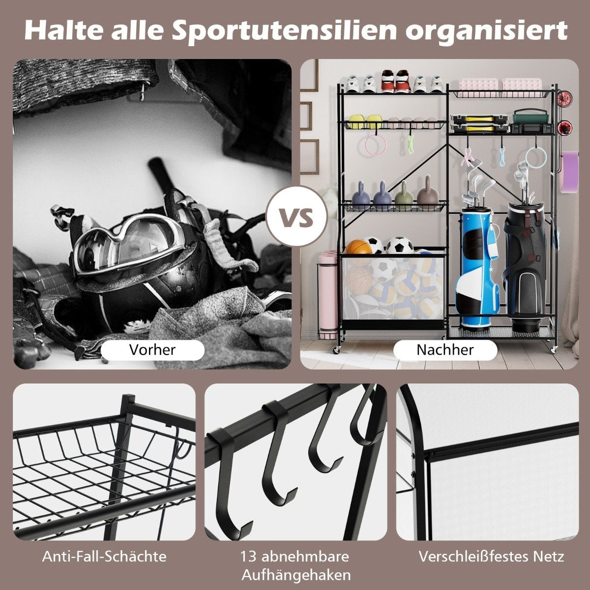 Garage Organizer for Sports Equipment with 5 Adjustable Shelves & Ball Basket & Side Hooks Black