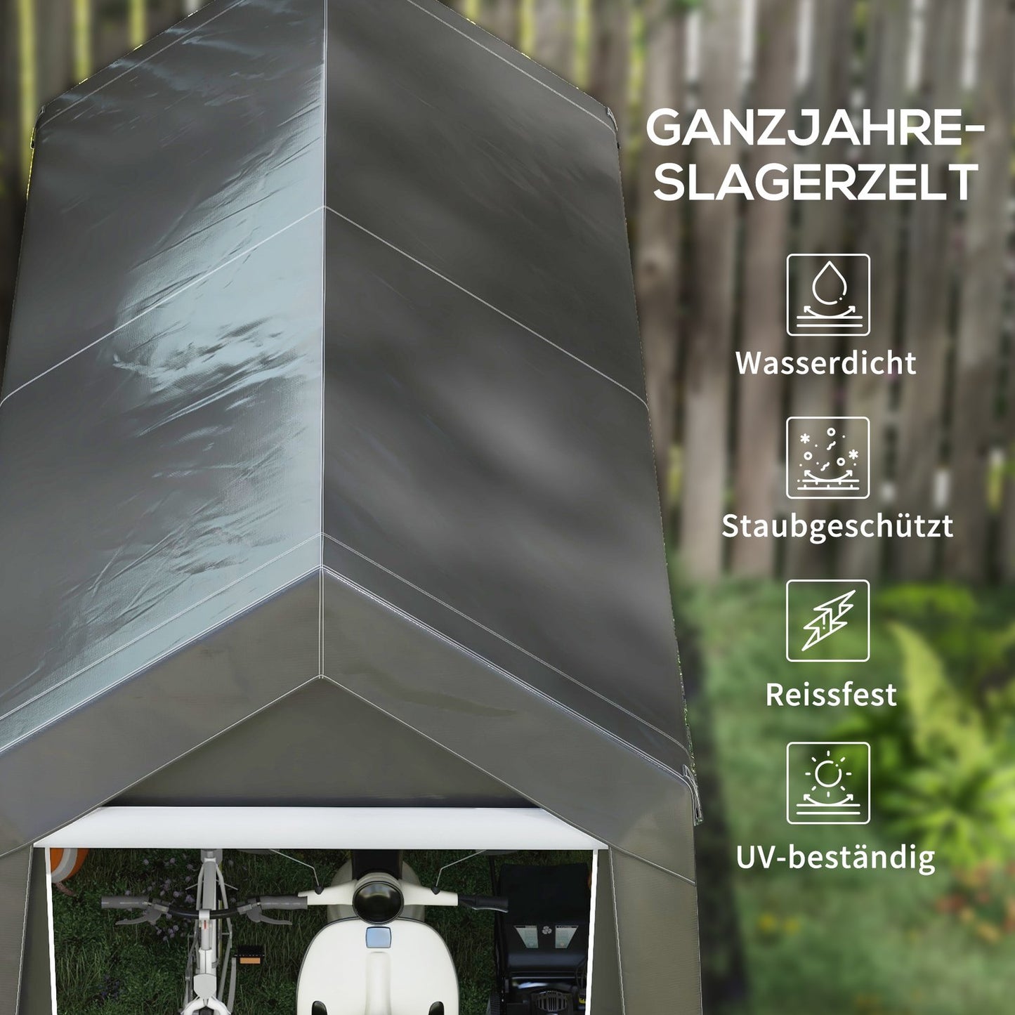 Storage tent for motorcycle and garden tools - UV and water resistant