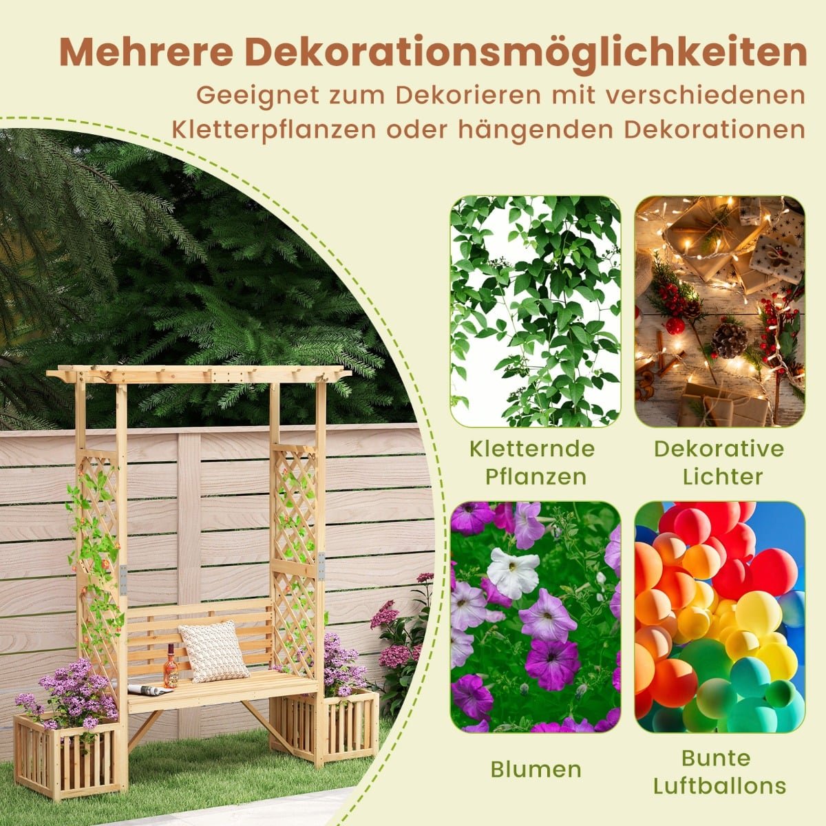 Garden Arch with Bench & 2 Planters – Natural Wood, 2-Seater