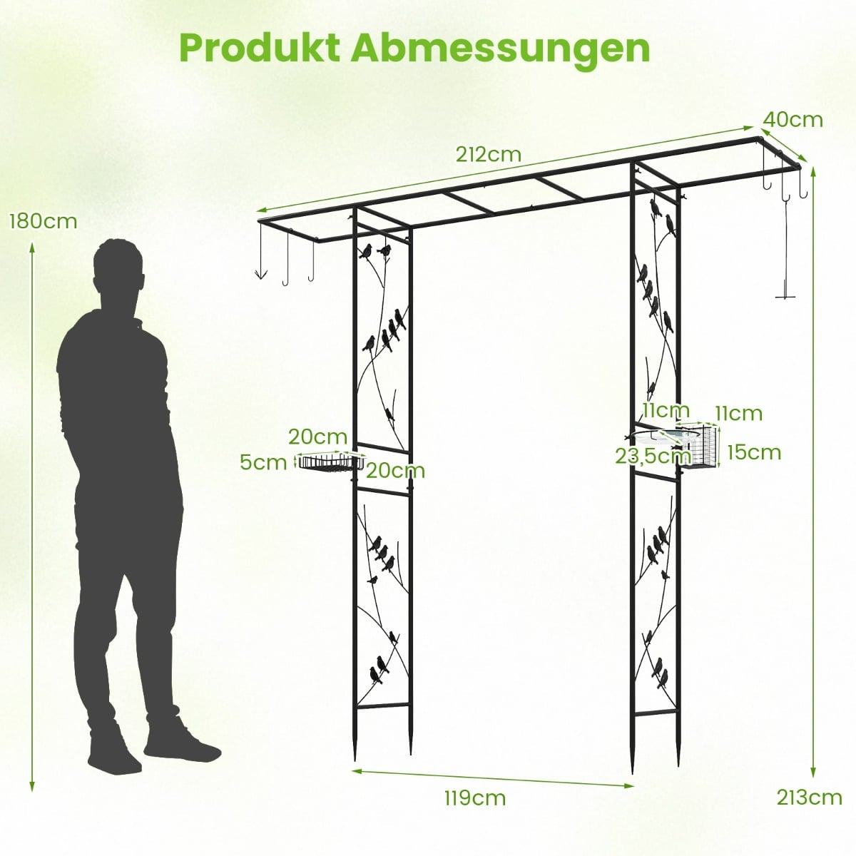 Garden Arch with Bird Feeder and Water Bowl, Black, 213 cm