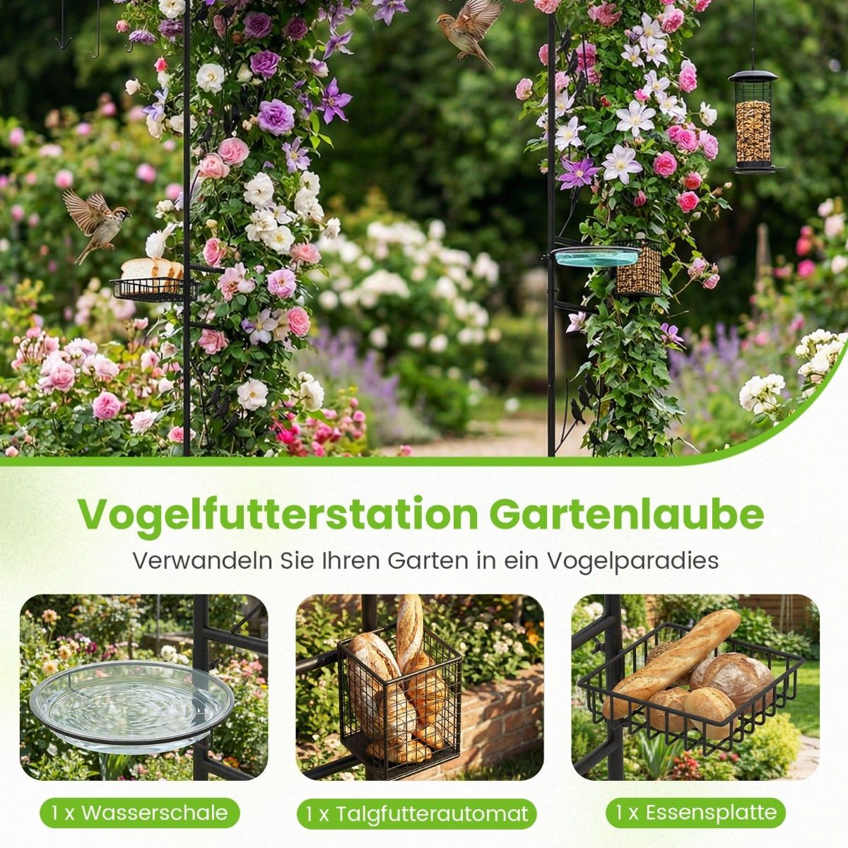 Garden Arch with Bird Feeder and Water Bowl, Black, 213 cm