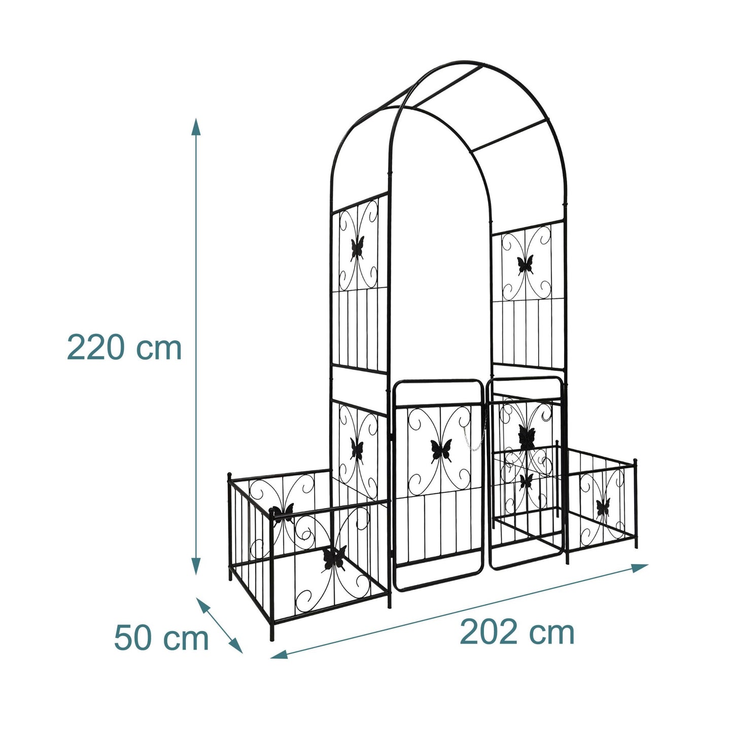Garden Arch with Gate and Planters, Metal Trellis