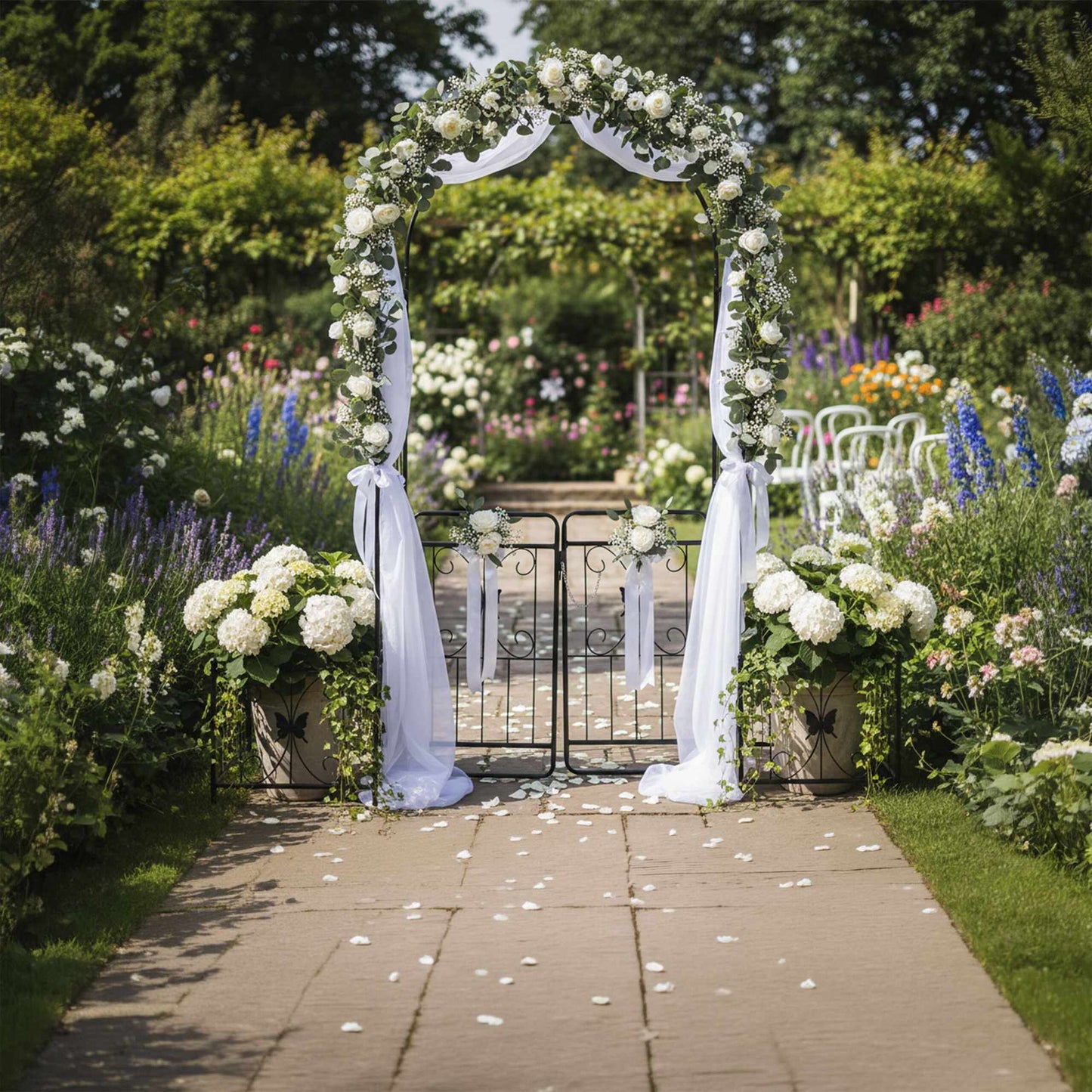 Garden Arch with Gate and Planters, Metal Trellis
