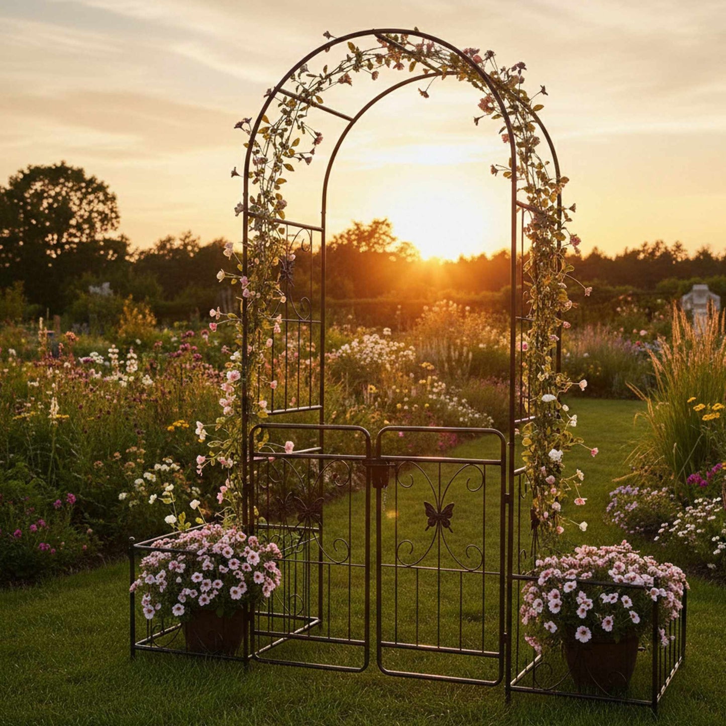 Garden Arch with Gate and Planters, Metal Trellis