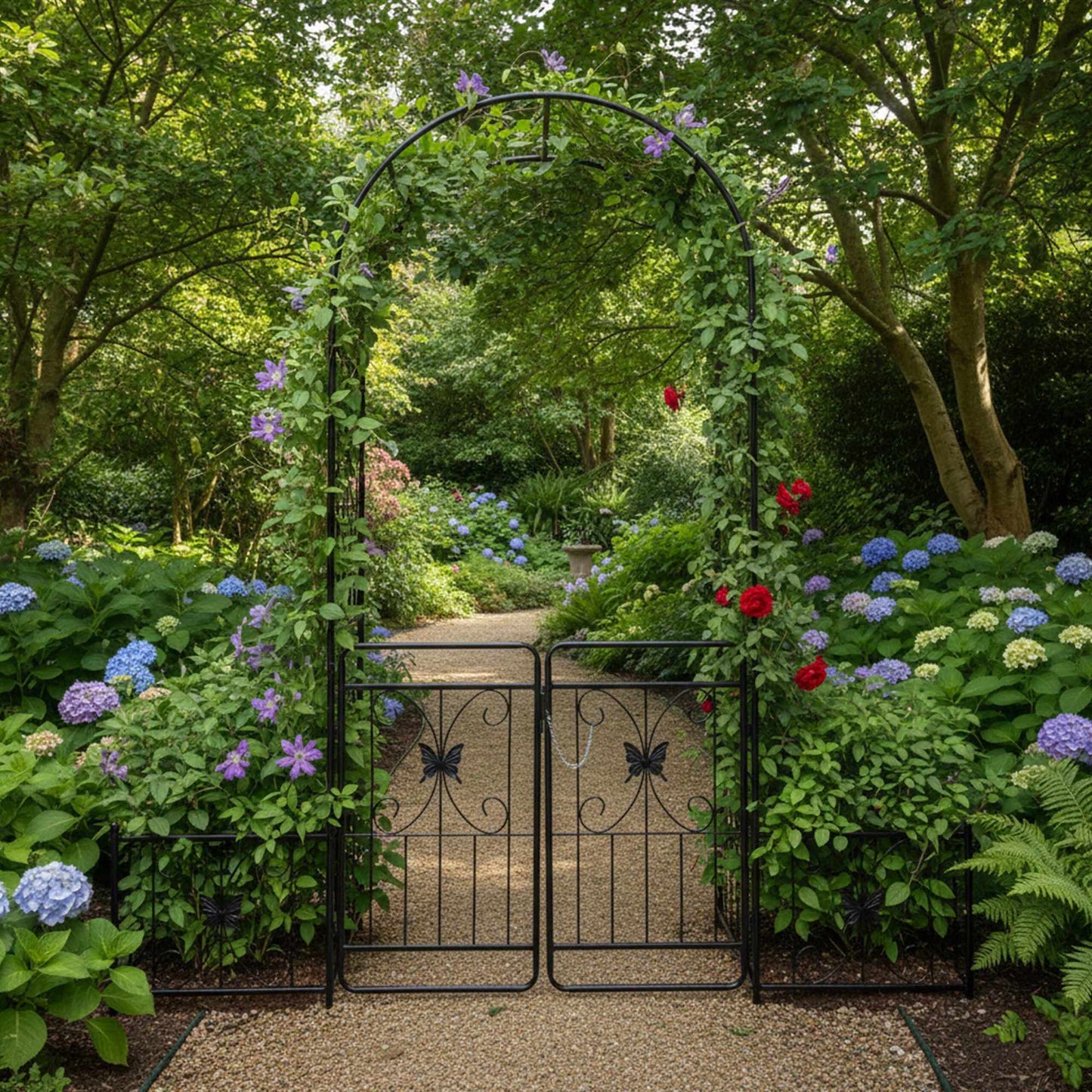 Garden Arch with Gate and Planters, Metal Trellis