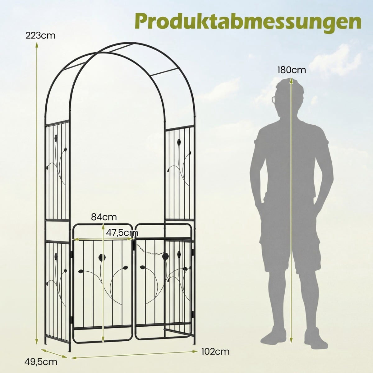 Garden Arch with Lockable Gate, Metal Trellis, Black