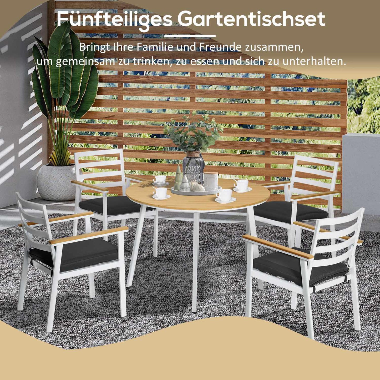 Garden balcony set: weatherproof table, 4 chairs, brown