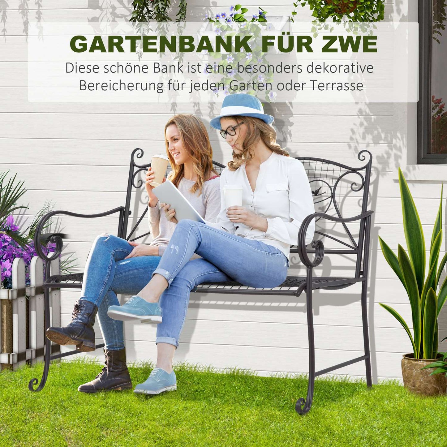 2-seater weatherproof metal garden bench, antique look