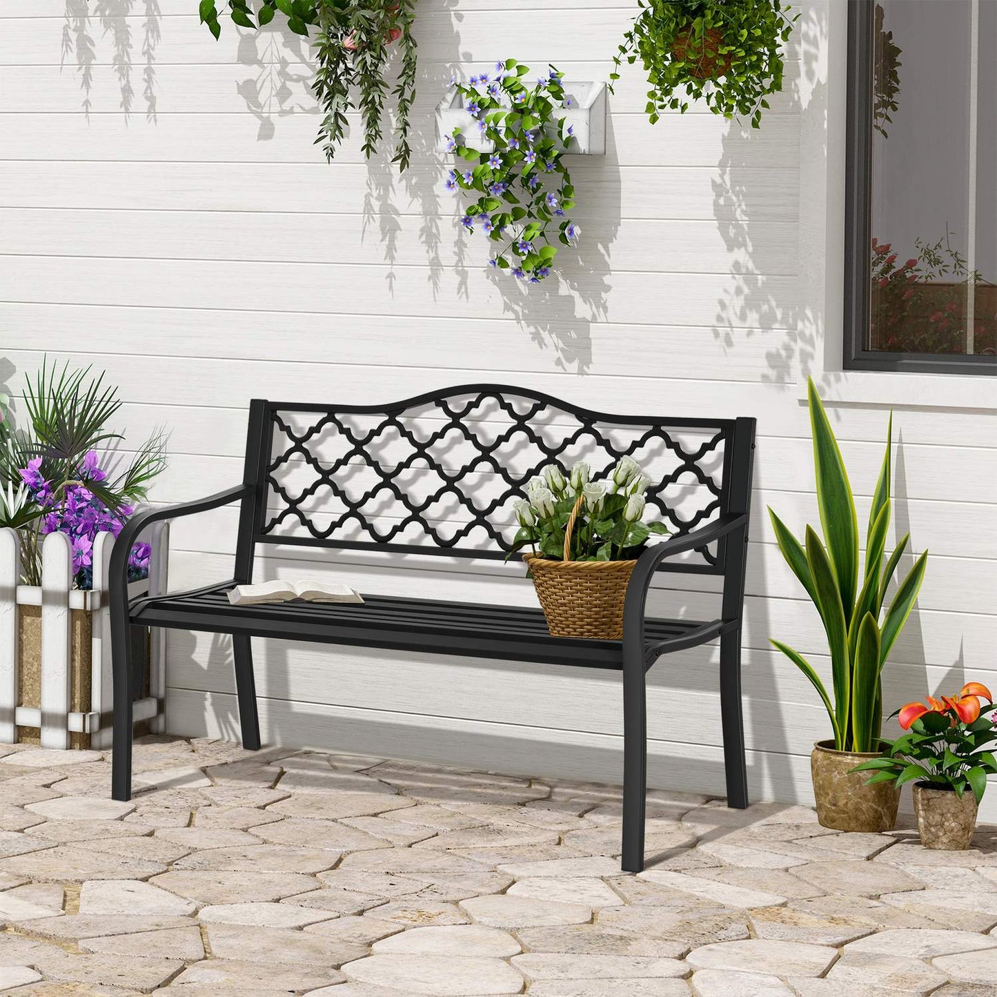 2-seater metal garden bench, elegant black cast iron