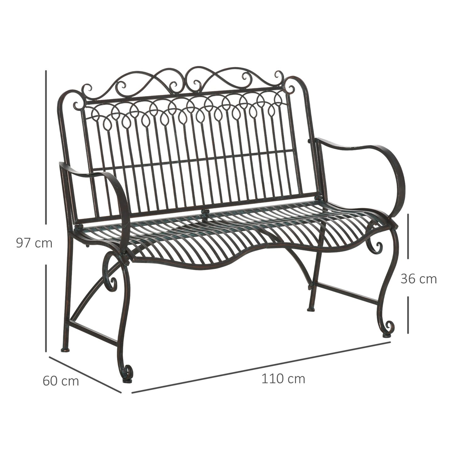 Garden bench in metal 2-seater with back and armrests